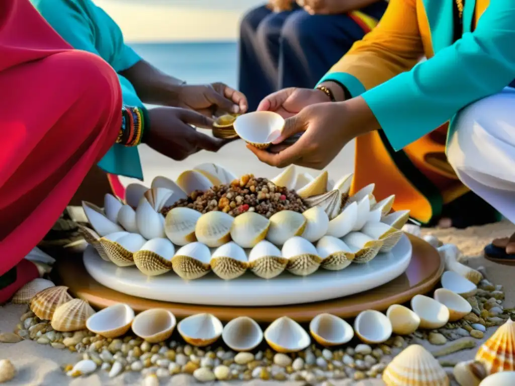 Grupo en ritual marítimo con caracoles como símbolo de fertilidad y fortuna, invocando bendiciones del mar al atardecer