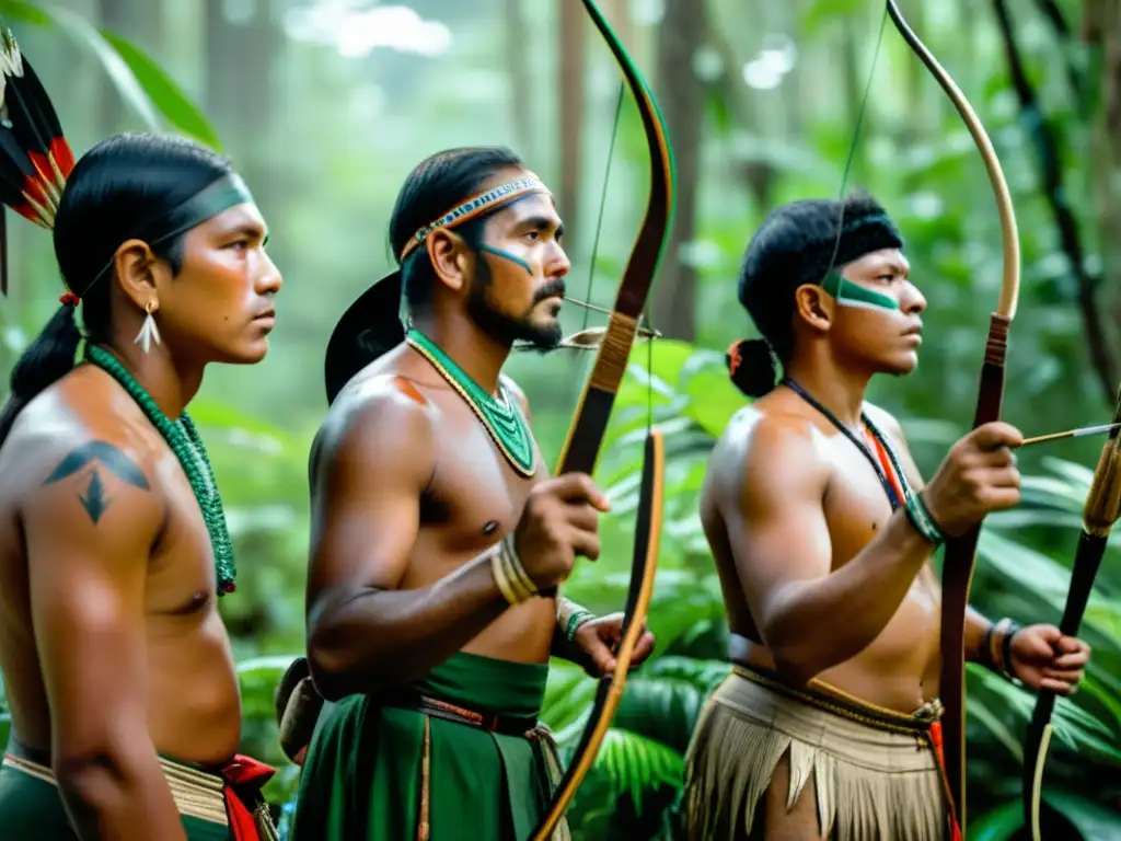 Un grupo de cazadores indígenas se prepara para la caza en el bosque, mostrando respeto por la vida animal y sus tradiciones