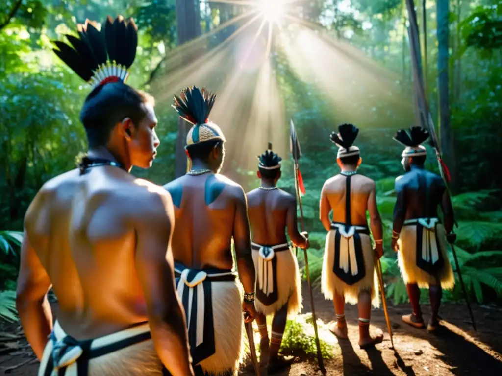 Un grupo de cazadores indígenas se prepara para una ceremonia en la densa selva, con arcos y lanzas en mano