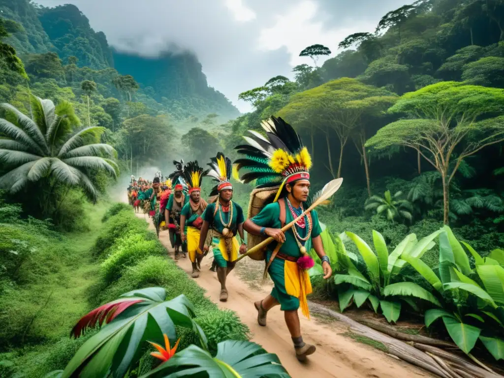 Un grupo de cazadores indígenas regresa de una exitosa caza en la exuberante selva tropical, mostrando orgullo y gratitud en su rostro