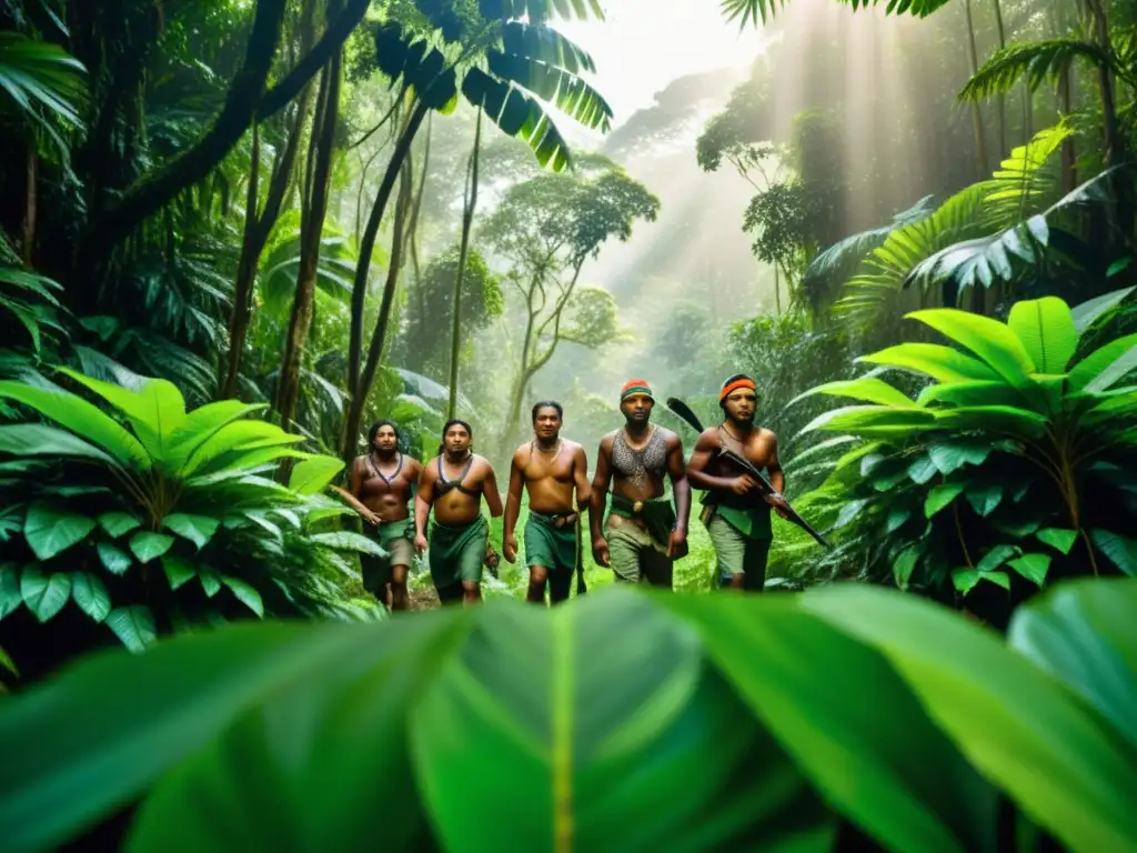 Grupo de cazadores indígenas se desplazan silenciosamente en la exuberante selva tropical, mostrando el rito de la caza en la selva tropical