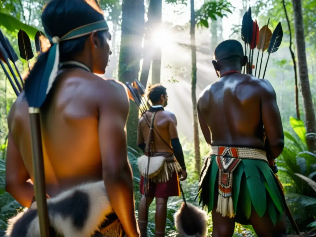 Grupo de cazadores indígenas en la selva, listos para el ritual de caza