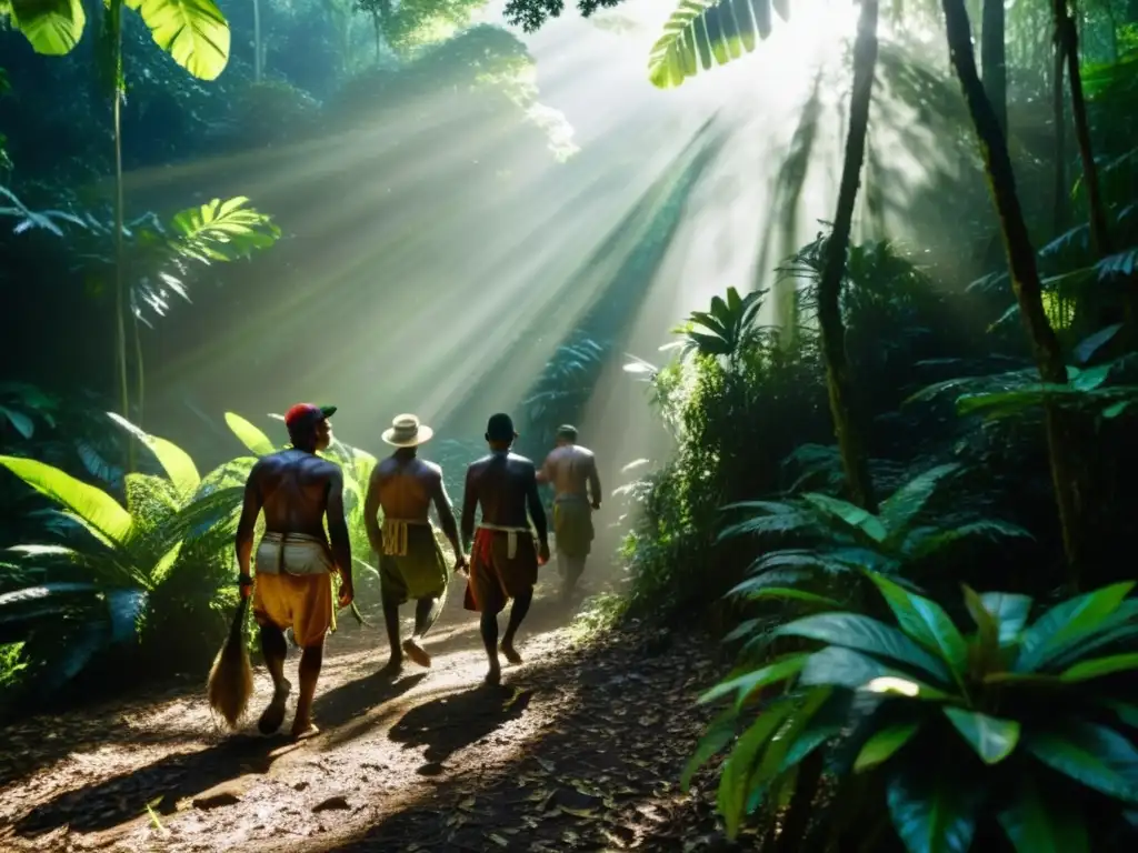 Grupo de cazadores indígenas en la selva tropical, inmersos en el rito de la caza, con rostros determinados y adornos naturales