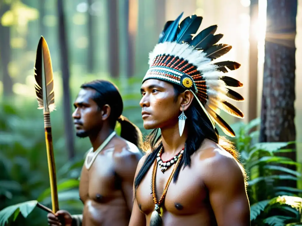 Grupo de cazadores indígenas en la selva con atuendo tradicional y armas, preparándose para el ritual de caza en culturas ancestrales