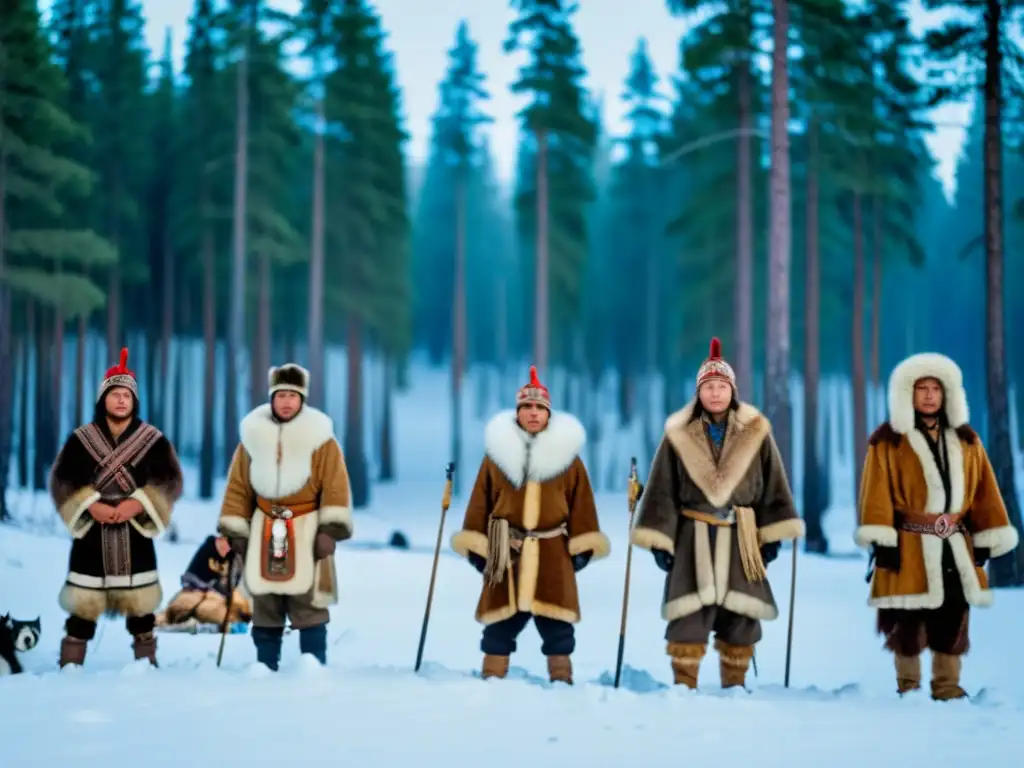 Grupo de cazadores indígenas siberianos realizando el ritual de caza del oso en un bosque nevado, rodeados de altos pinos