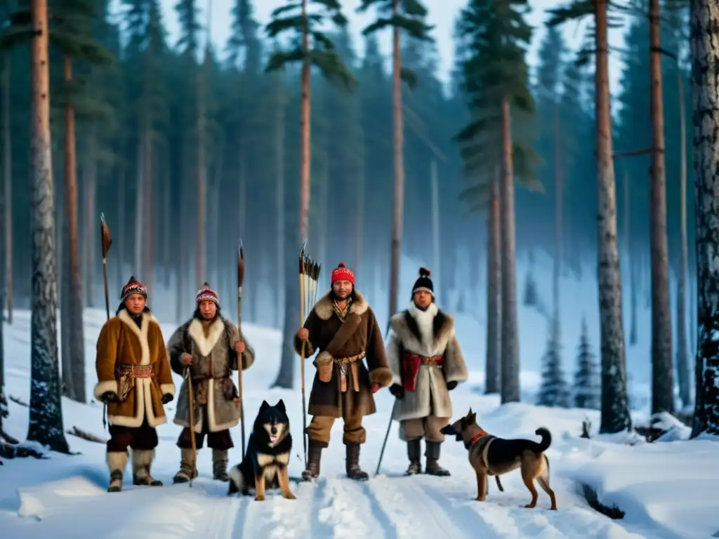 Grupo de cazadores siberianos con perros de caza, ataviados con vestimenta tradicional, en un bosque nevado