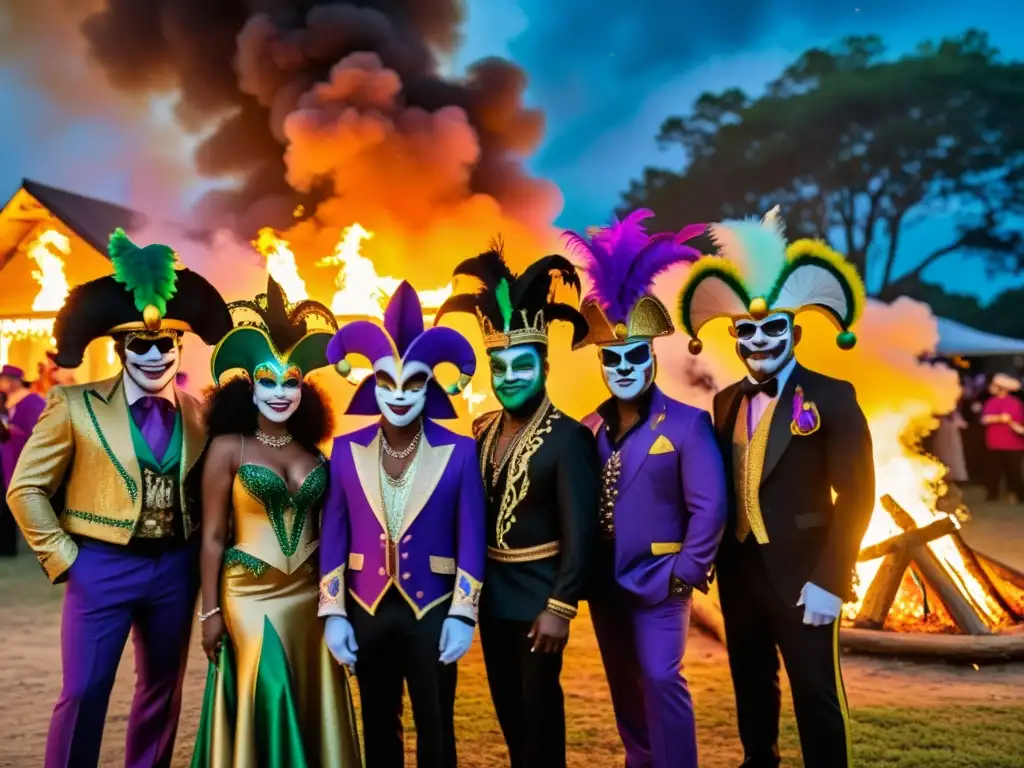 Grupo de celebrantes del Mardi Gras en Nueva Orleans, con trajes vudú, alrededor de una fogata