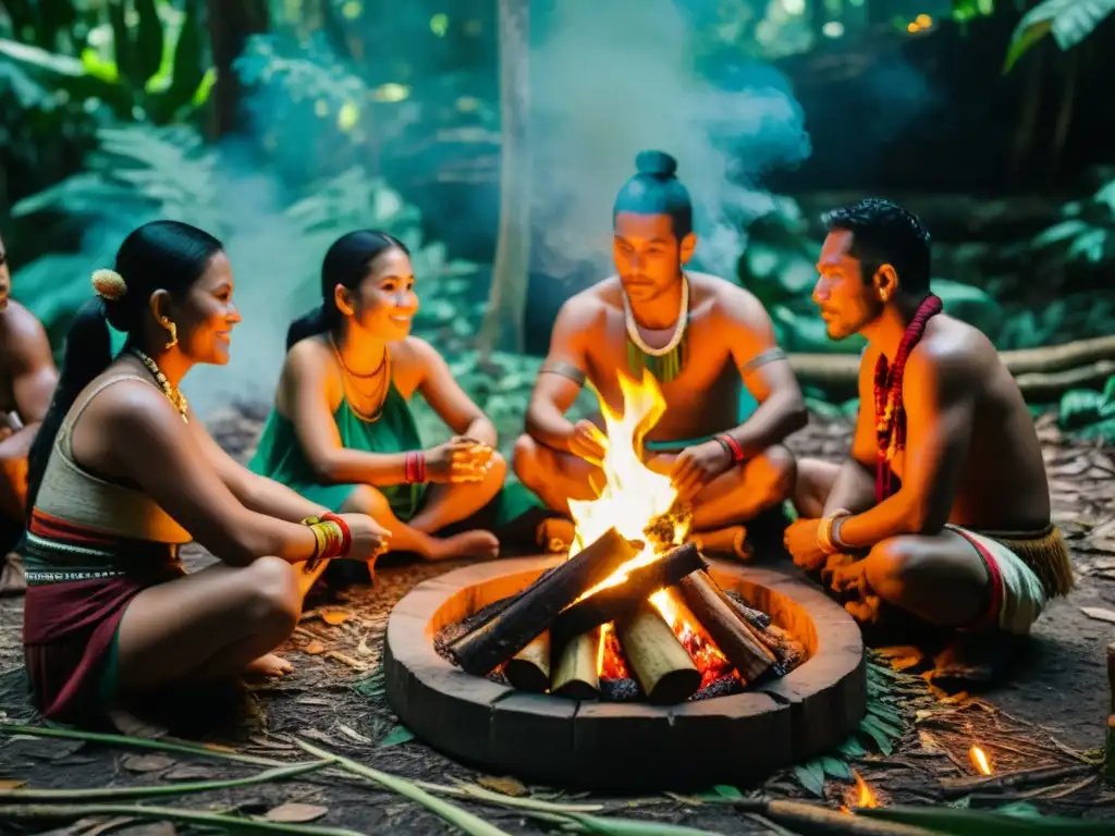 Grupo en ceremonia del cacao revitalizante ancestral en la selva maya, con chaman liderando el ritual junto a fogata