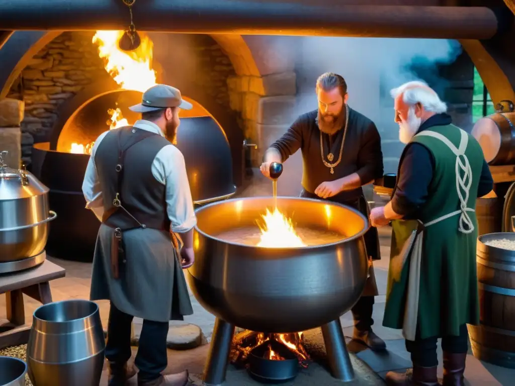 Grupo de cerveceros celtas realizando antiguos rituales con cerveza de cebada en una atmósfera mística y reverente