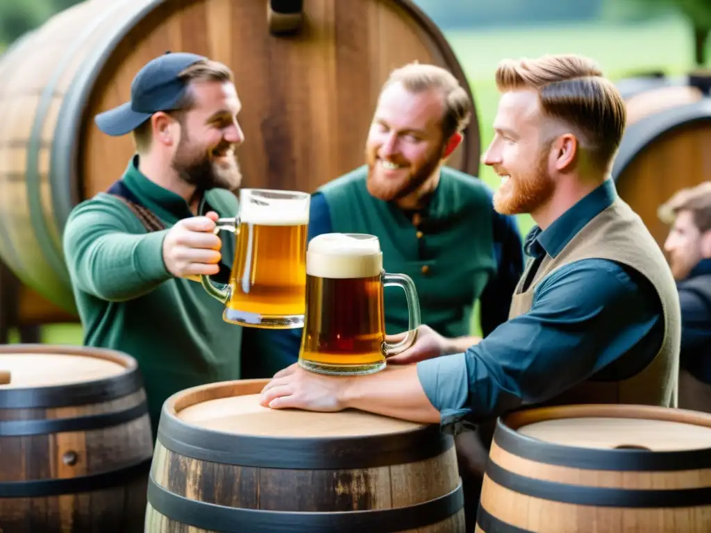 Grupo de cerveceros celtas vierten cerveza dorada en jarras de cerámica en un ritual antiguo entre árboles centenarios