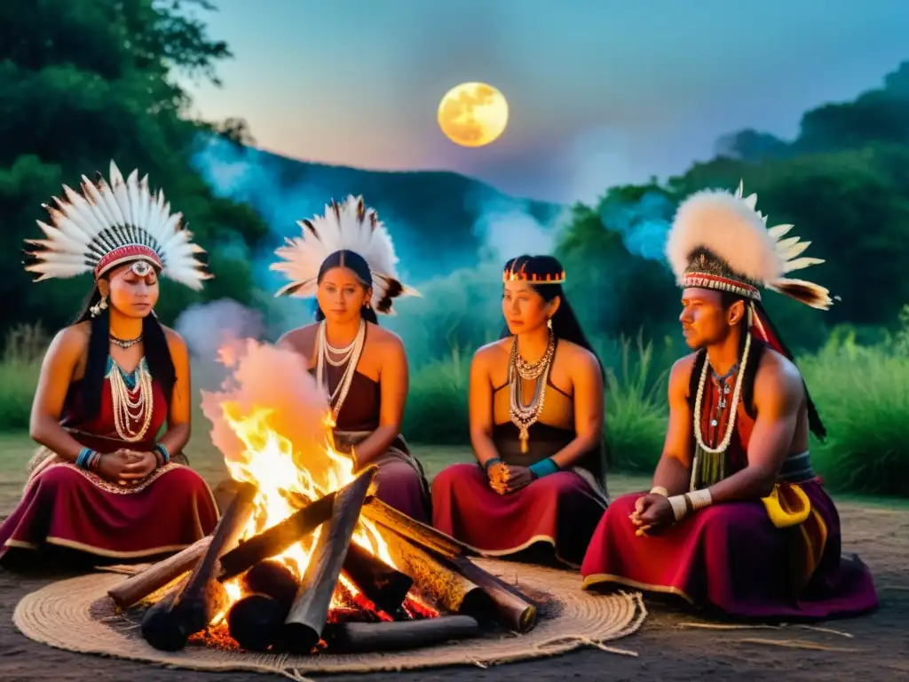 Un grupo de chamanes en atuendos tradicionales realiza un ritual alrededor del fuego, con una atmósfera de misticismo y sabiduría antigua