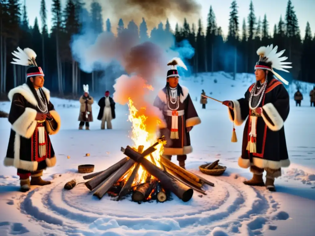 Un grupo de chamanes Evenki realiza un ritual de purificación alrededor de una gran fogata en el bosque nevado