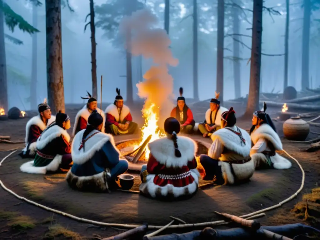 Un grupo de chamanes Evenki realiza un ritual de purificación en un bosque brumoso