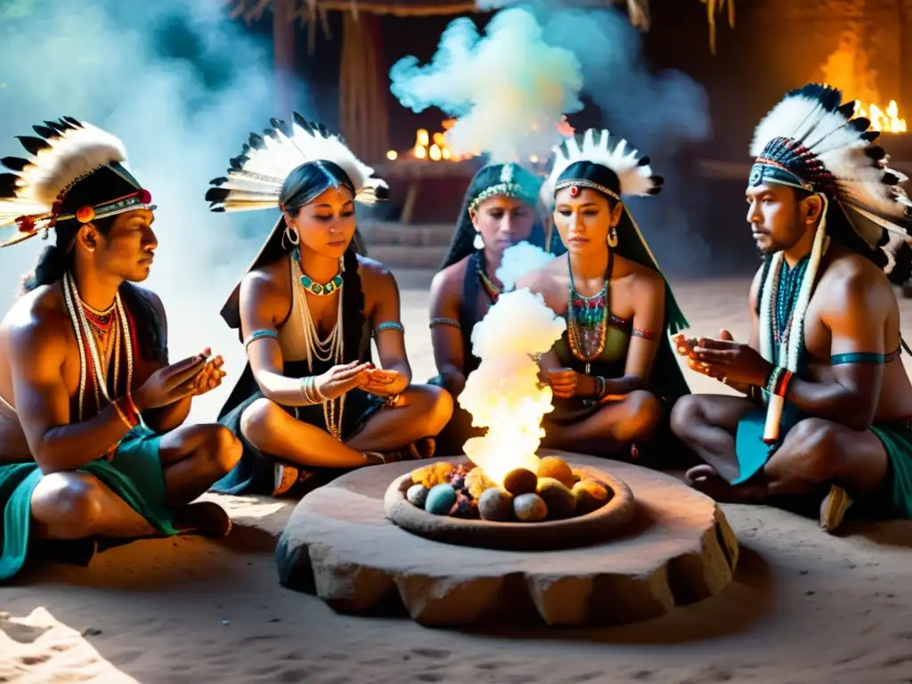 Grupo de chamanes indígenas realizando ritual ancestral con piedras preciosas, humo de incienso y luz de velas en la selva exuberante