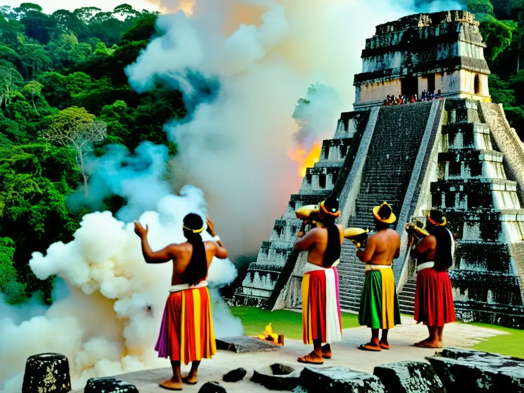 Grupo de chamanes mayas realizando un ritual sagrado en Ruinas de Tikal, Guatemala, rodeados de humo de copal