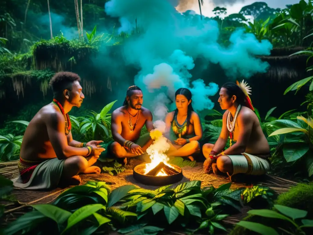 Grupo de chamanes realizando un ritual místico en la selva amazónica