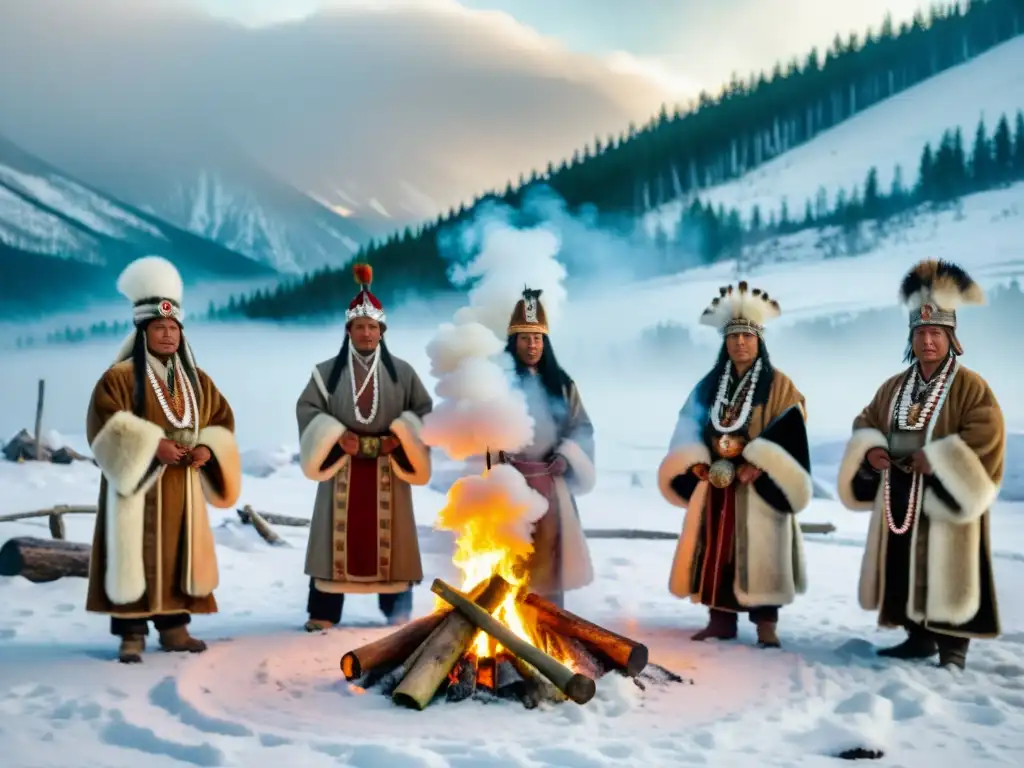 Un grupo de chamanes siberianos realiza un ritual de curación alrededor de un fuego ceremonial en un paisaje nevado