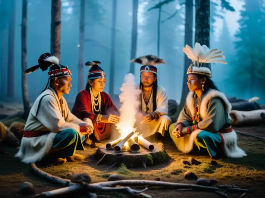 Grupo de chamanes siberianos realizando un ritual en el bosque, evocando la adivinación en Siberia significados ocultos