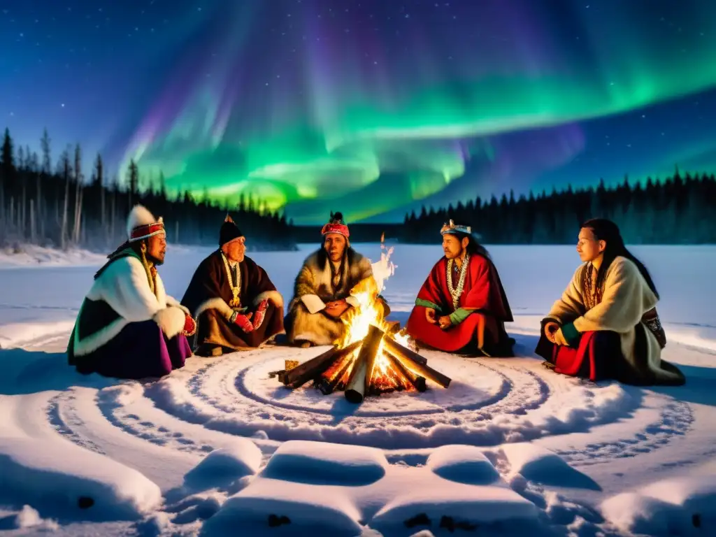 Un grupo de chamanes siberianos realizando rituales de la Noche Polar Siberiana alrededor de una fogata en un bosque nevado, bajo la aurora boreal