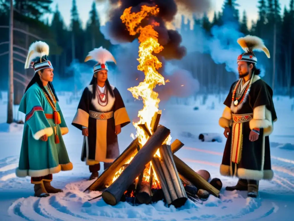 Un grupo de chamanes en trajes siberianos realiza una ceremonia de trance alrededor de una fogata en un bosque nevado