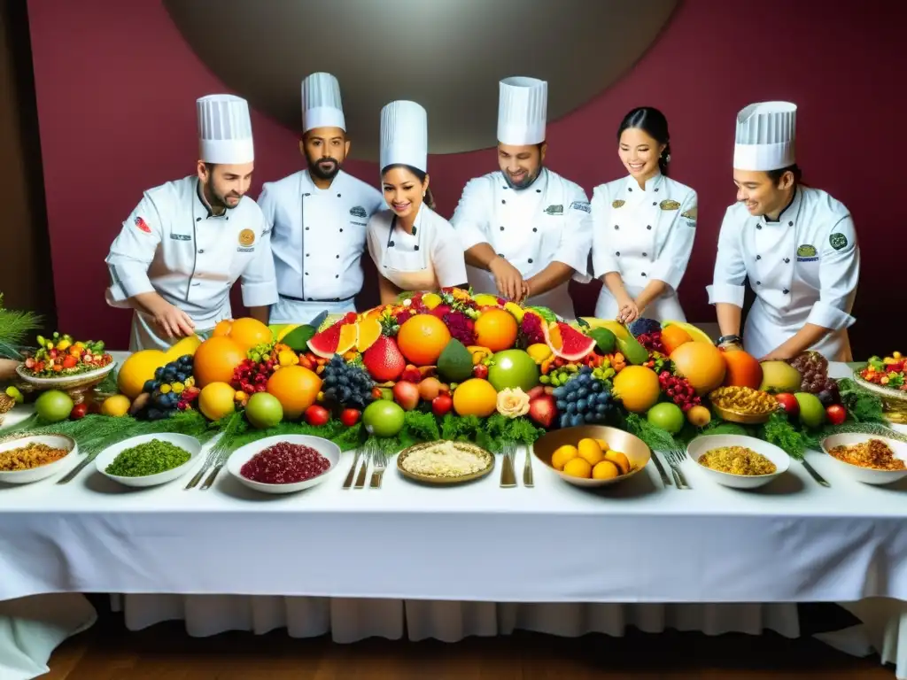 Un grupo de chefs preparando con esmero un banquete ritual religioso celestial, con platos elaborados y coloridos