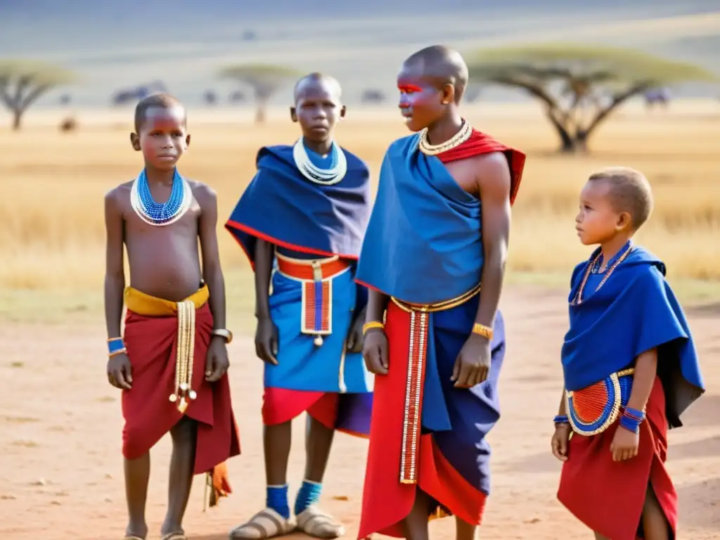 Grupo de chicos Masái en la sabana africana, preparándose para Ritos de Pasaje con atuendos tradicionales y danzas llenas de significado cultural