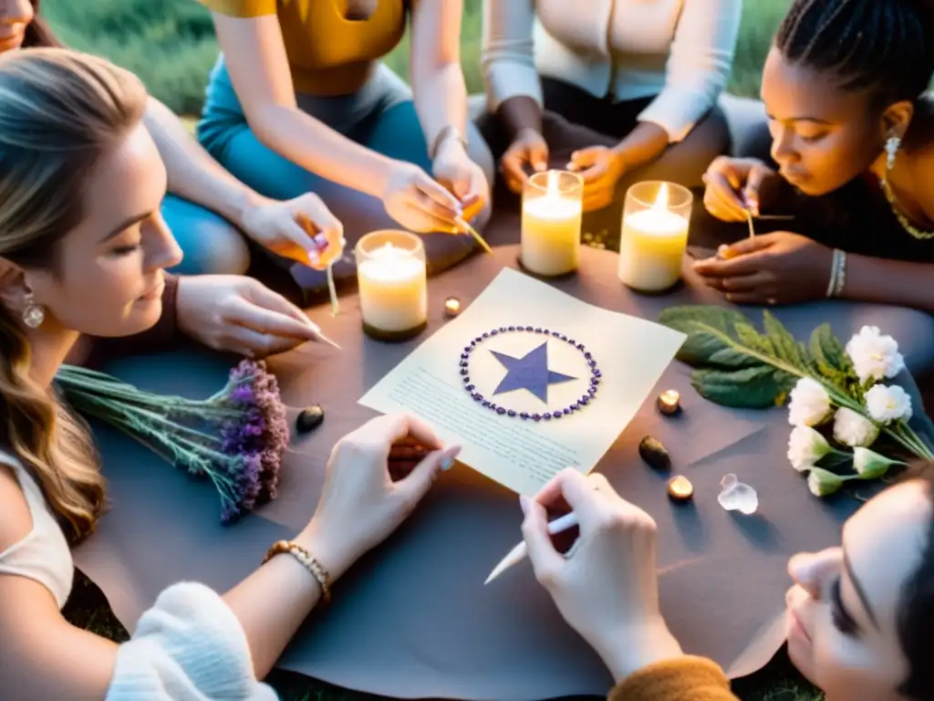 Grupo en círculo al aire libre bajo la luna nueva, en ritual de intenciones naturales con velas, cristales y plantas