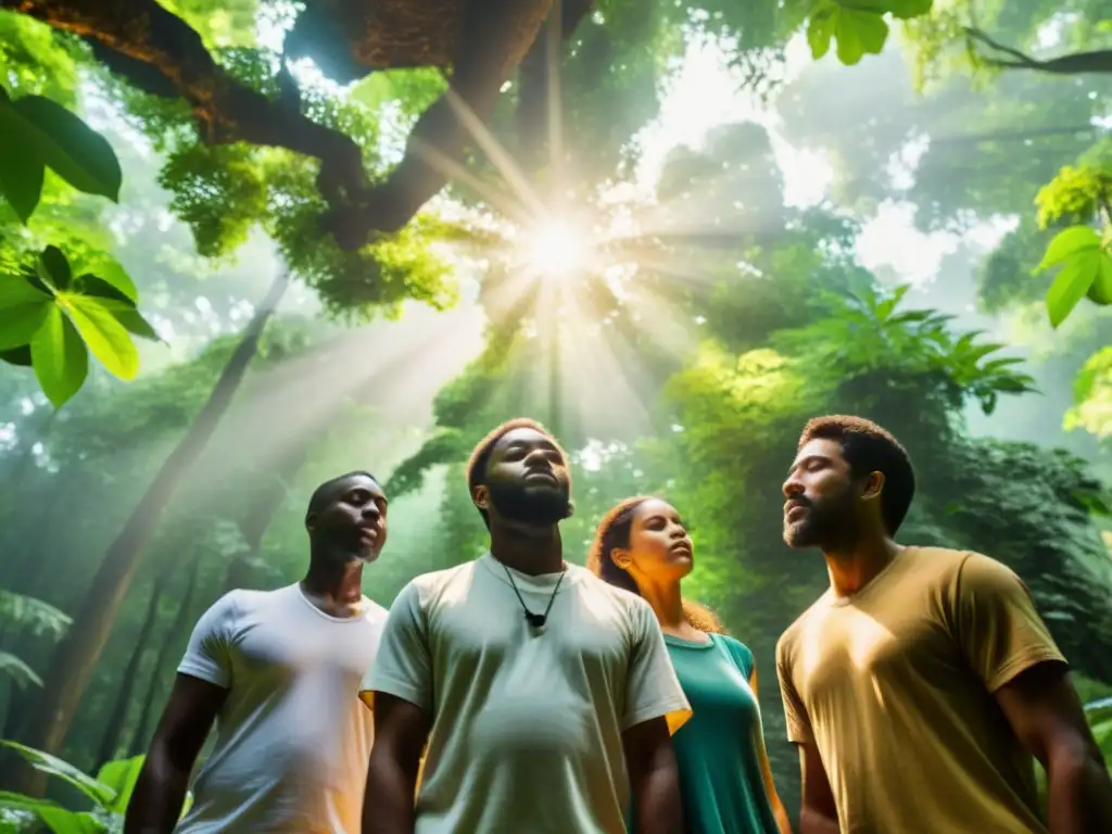 Grupo en círculo meditando en el bosque