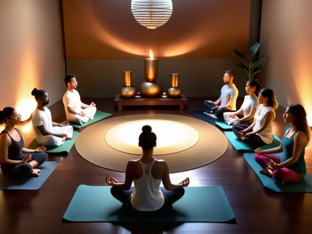 Grupo en círculo sobre esterillas de yoga rodeados de cuencos cantores y gongs para terapia de sonido en ritual de relajación y meditación