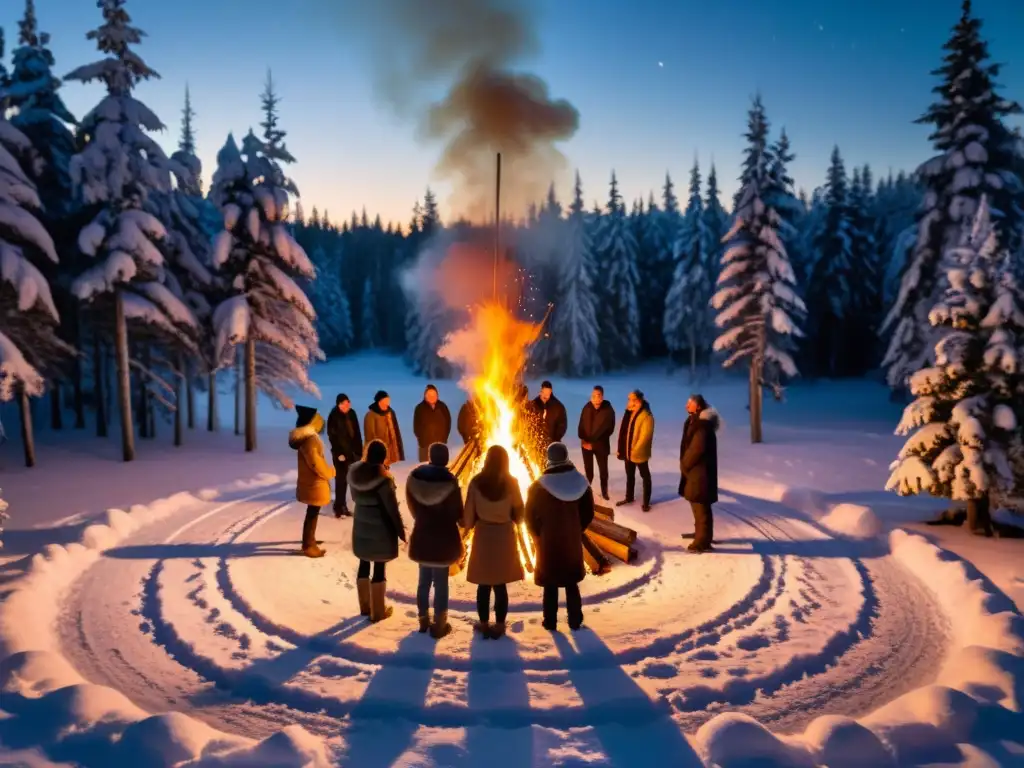 Grupo en círculo alrededor de fogata invernal, realizando tradiciones místicas solsticio invierno bajo la serena luz dorada