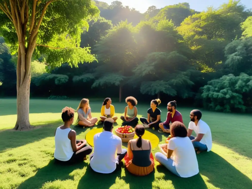 Grupo en círculo con frutas y verduras, conectados con la naturaleza en ritual vegano