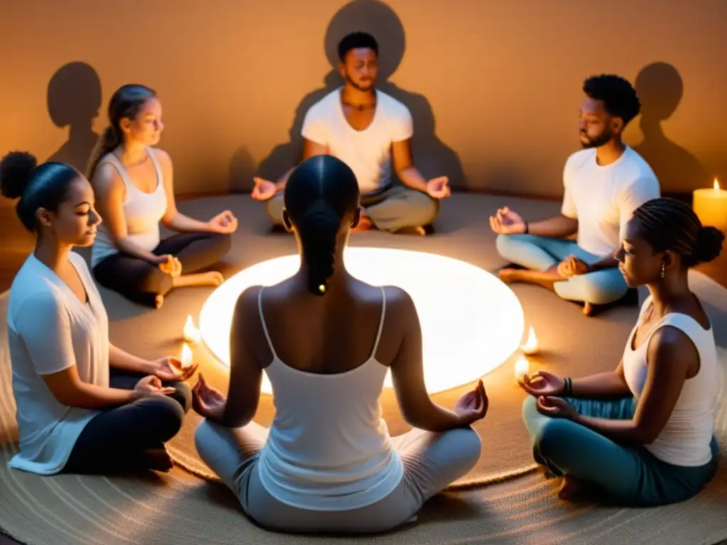 Grupo meditando en círculo, luz de velas, paz espiritual