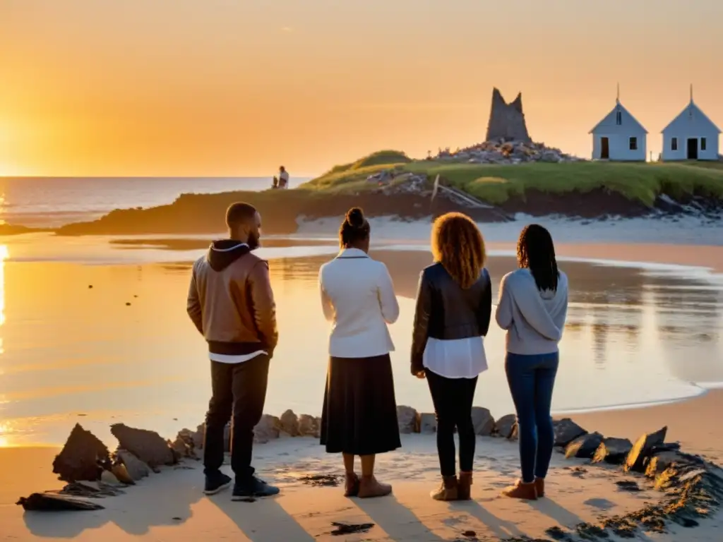 Un grupo en círculo en la playa al atardecer, rezando por la comunidad y la tierra tras un desastre natural