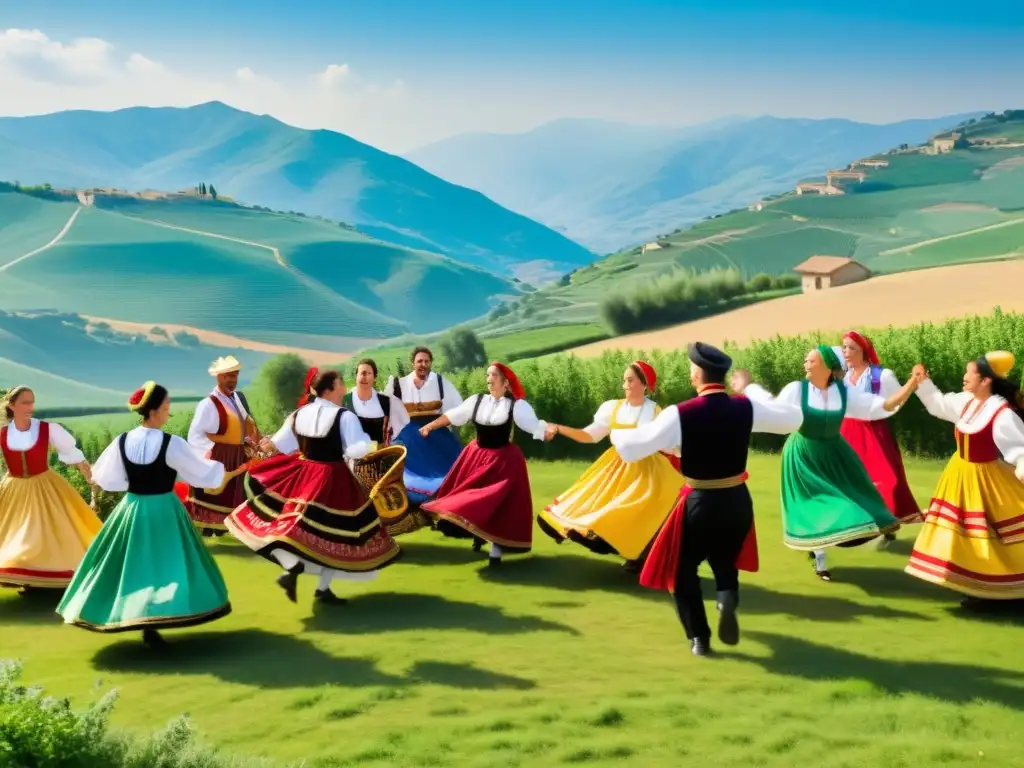 Grupo bailando en círculo bajo el sol italiano, con trajes tradicionales y rituales de danzas tarantasio italiano