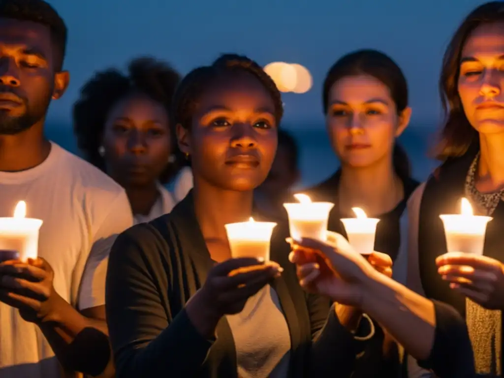 Grupo en círculo con velas en vigilias por demandas sociales, transmitiendo esperanza y unión en la oscuridad