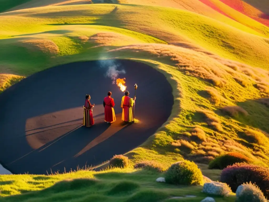 Grupo en círculo con vestimenta tradicional en colina al atardecer, realizando rituales ancestrales solsticio