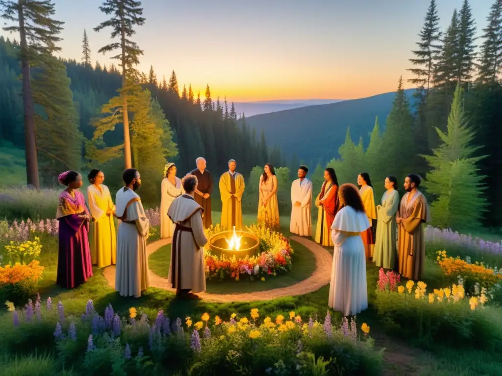 Un grupo en un claro bosque participa en rituales neopaganos para dar la bienvenida, con túnicas y velas, bajo la cálida luz dorada del atardecer