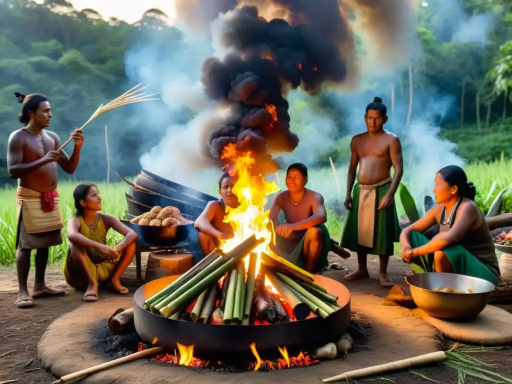 Grupo indígena cocina al fuego en ritual ancestral en la selva