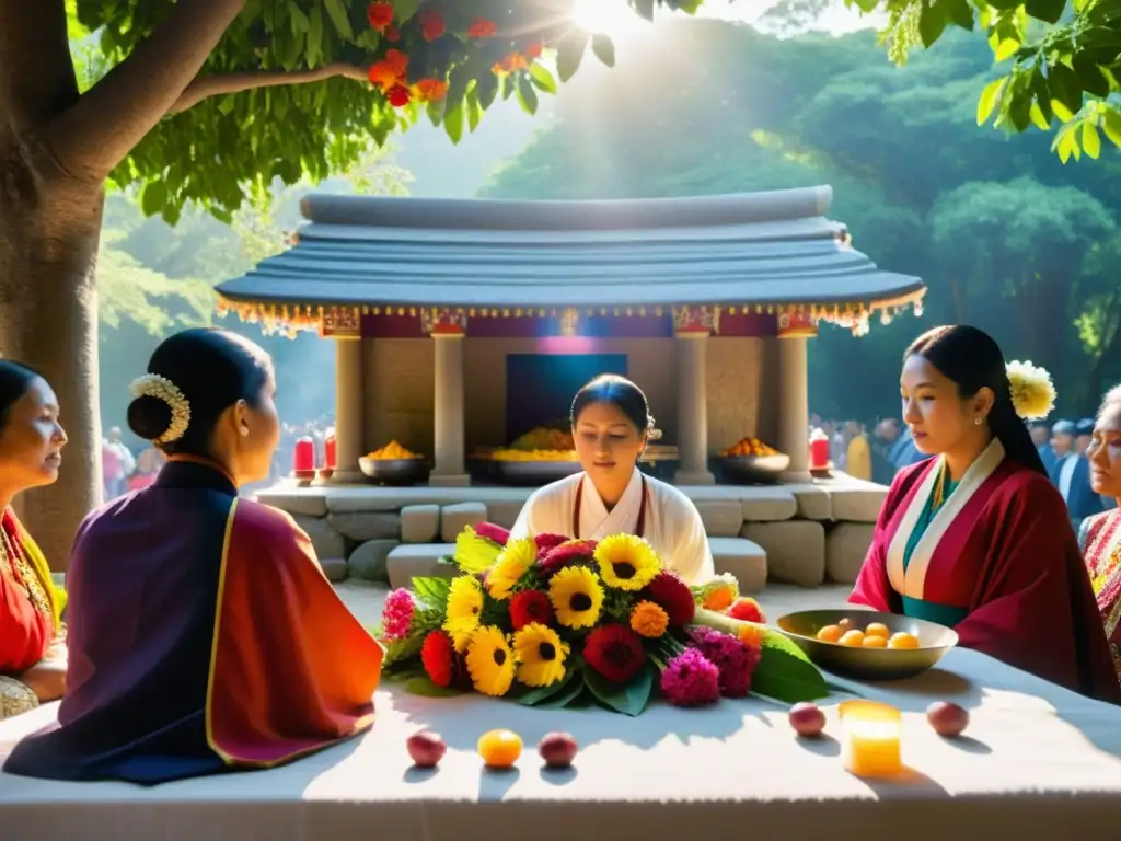 Grupo preparando comidas rituales religiosos en altar de piedra con flores y frutas, bajo la cálida luz del sol entre árboles