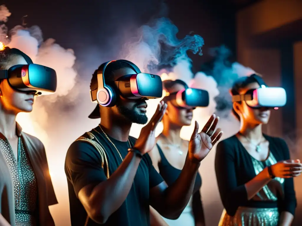 Un grupo concentrado usa auriculares de realidad virtual en un entorno virtual lleno de símbolos brillantes, en una habitación con humo de incienso