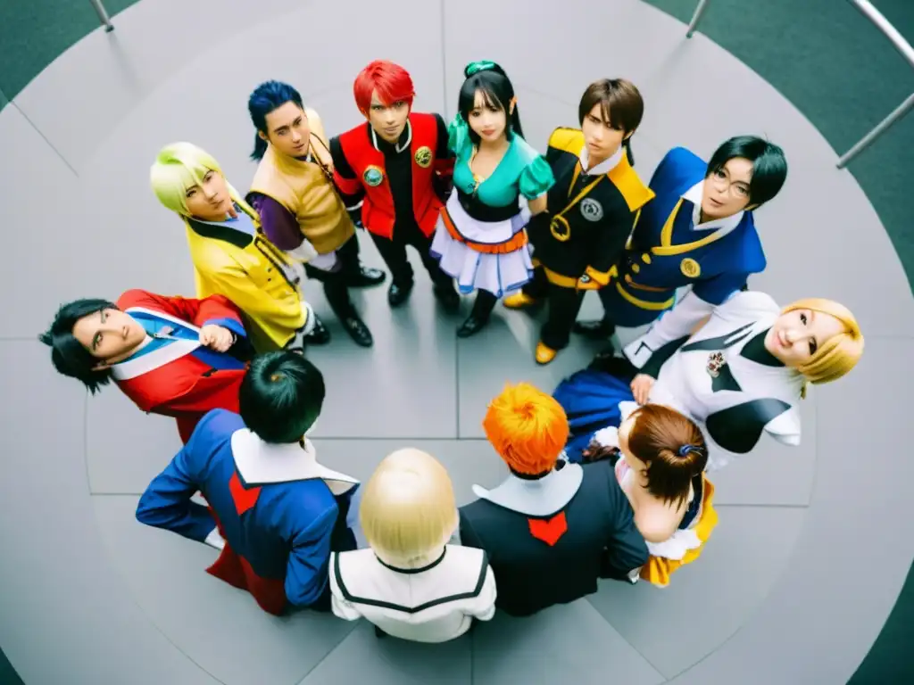 Grupo de cosplayers en convención de anime, celebrando la transformación y creatividad de los personajes de la serie