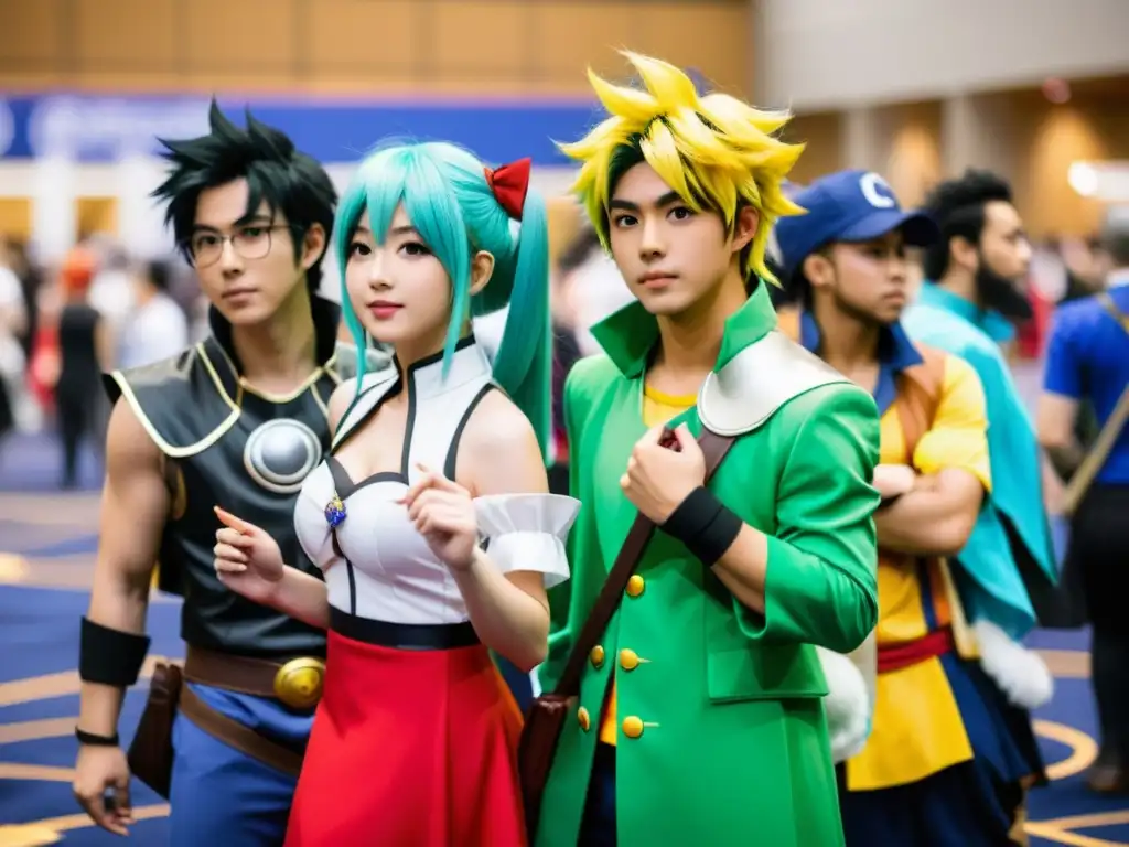 Un grupo de cosplayers se reúne en una convención de anime, mostrando la diversidad y la pasión de la comunidad