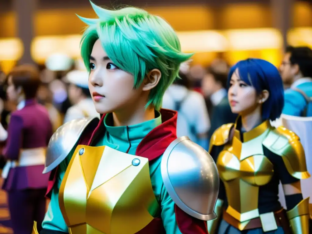 Grupo de cosplayers en convención de anime, destacando transformaciones y detalles en trajes vibrantes