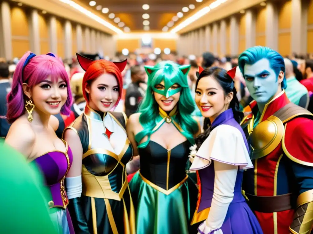 Grupo de cosplayers en convención, con trajes detallados y expresiones apasionadas