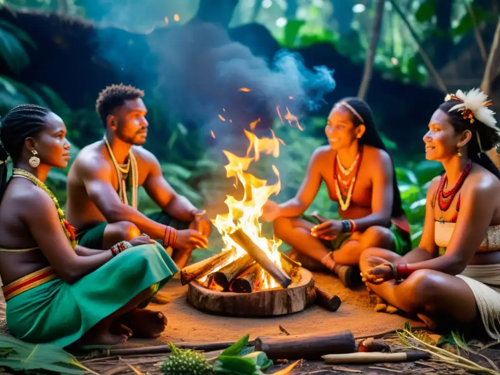 Grupo de curanderos realiza rituales de curación ancestral en la selva, rodeados de plantas y ofrendas, bajo el fuego sagrado