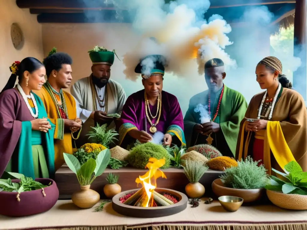 Un grupo de curanderos realiza rituales con plantas medicinales en un altar decorado, creando remedios ancestrales en un ambiente místico