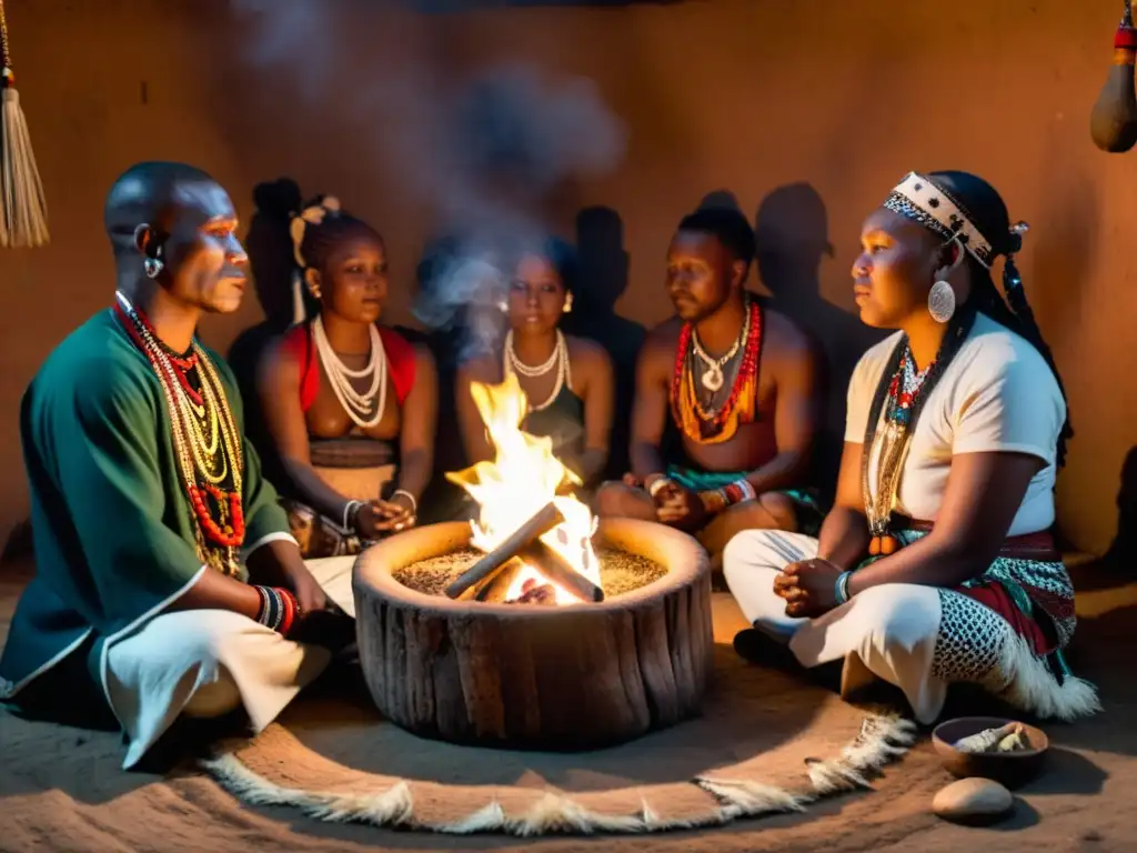 Grupo de curanderos Sangoma realizando rituales de sanación en un ambiente místico y reverente, rodeados de herramientas tradicionales