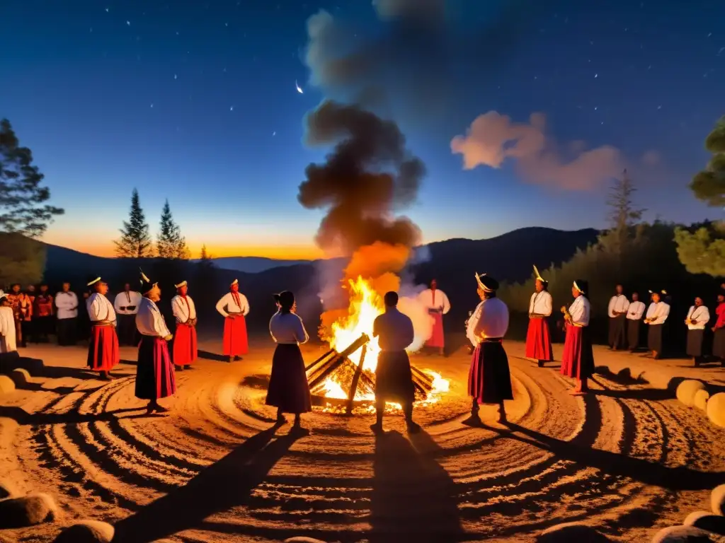 Grupo realizando danza ritual alrededor de fogata bajo el cielo nocturno