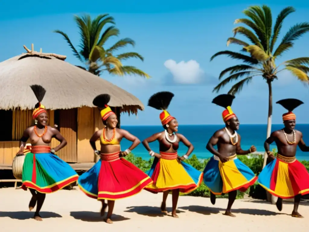 Grupo de Ga celebrando Homowo con danzas y tambores en la costa