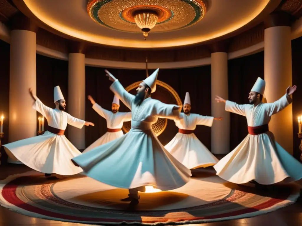 Grupo de derviches danzantes en un ritual de danza sufí, vestidos de blanco y girando con gracia en una habitación iluminada por velas